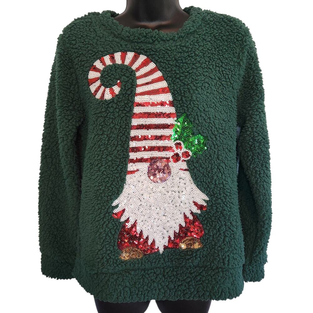 Chance or Fate Christmas gnome teddy bear fleece crew neck top green size M